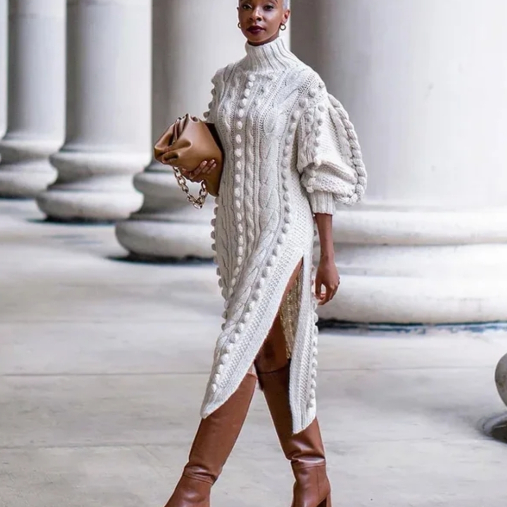 Autumn Women Long Sleeve Turtleneck Knitted Dress - Picture 5 of 8